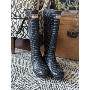 Hunter x Jimmy Choo Desginer Black Faux Croc Leather Rubber Rain Boots 8-8.5?